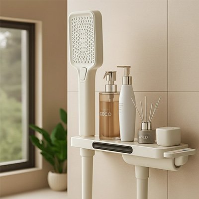 Mitigeur bain douche au mur avec douchette et tablette pour petit rangement