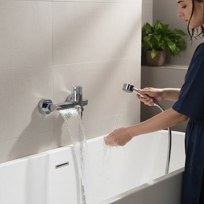 Mitigeur bain douche jeune fille teste l'eau avec douchette