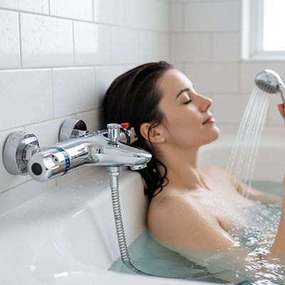 Mitigeur thermostatique femme utilise douchette dans bain température excellente