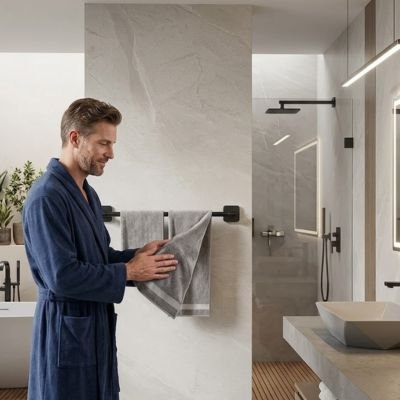 Porte serviette mural homme essuie ses mains avec serviette