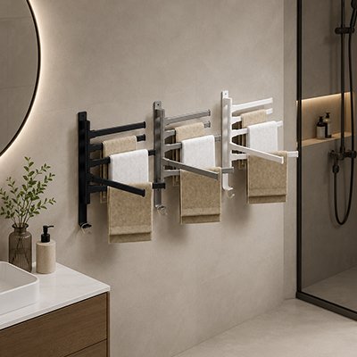 Porte serviette salle de bain au mur pour montrer  3 couleurs différentes