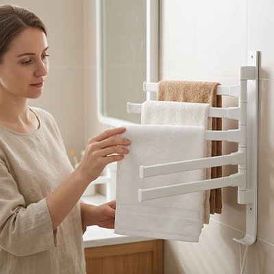 Porte serviette salle de bain femme installe des serviettes